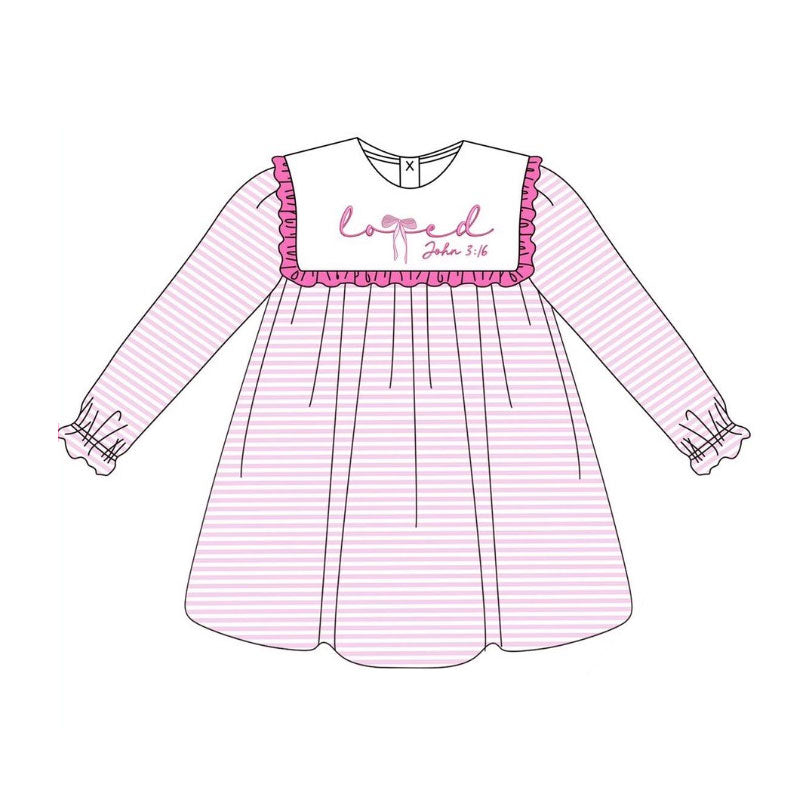 ( Moq 5 ) Preorder Girls Kids Long Sleeves Bow Stripes Valentine's Day Knee Length Dress