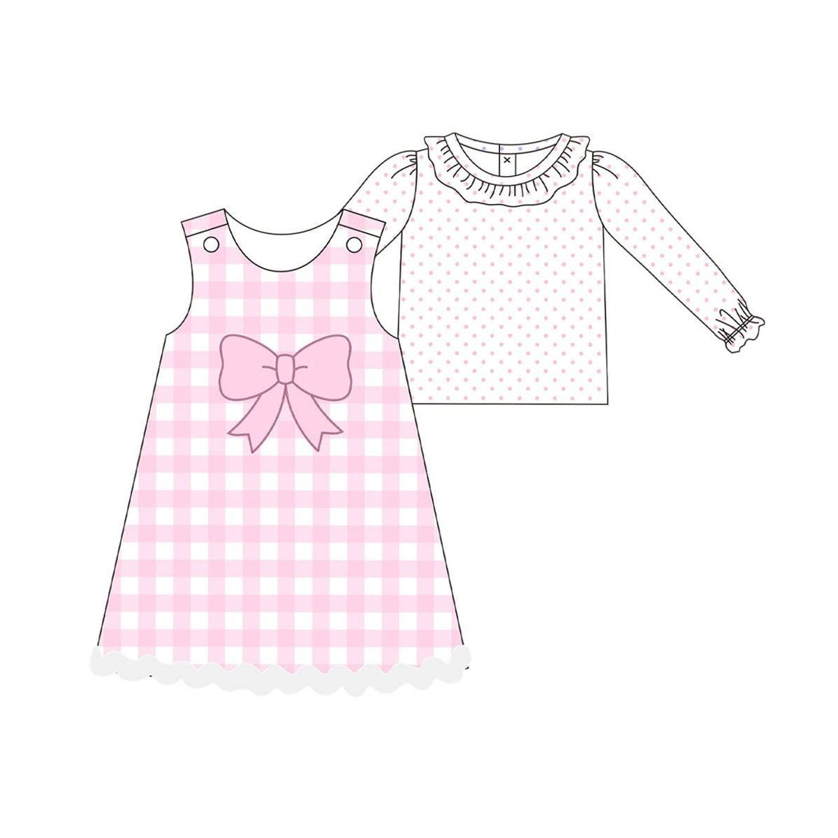 ( Moq 5 ) Preorder Girls Kids Long Sleeves Dots Shirt Bow Pink Plaid Dress Set