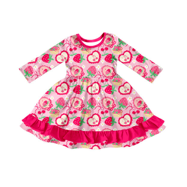 ( Moq 5 ) Preorder Girls Kids Long Sleeves Strawberry Bows Flower Valentine's Day Ruffle Dress