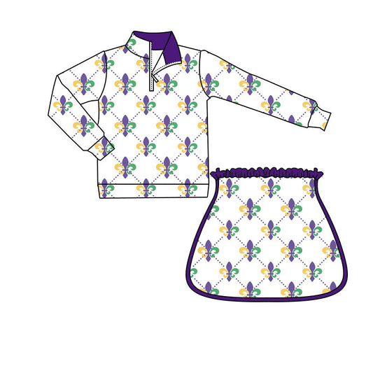 ( Moq 5 ) Preorder Girls Kids Zipper Tops Anchors Shorts Skirt Skort Mardi Gras Yoga Active Set