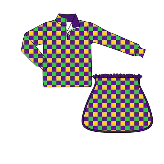 ( Moq 5 ) Preorder Girls Kids Checked Zipper Tops Shorts Skirt Skort Mardi Gras Yoga Active Set