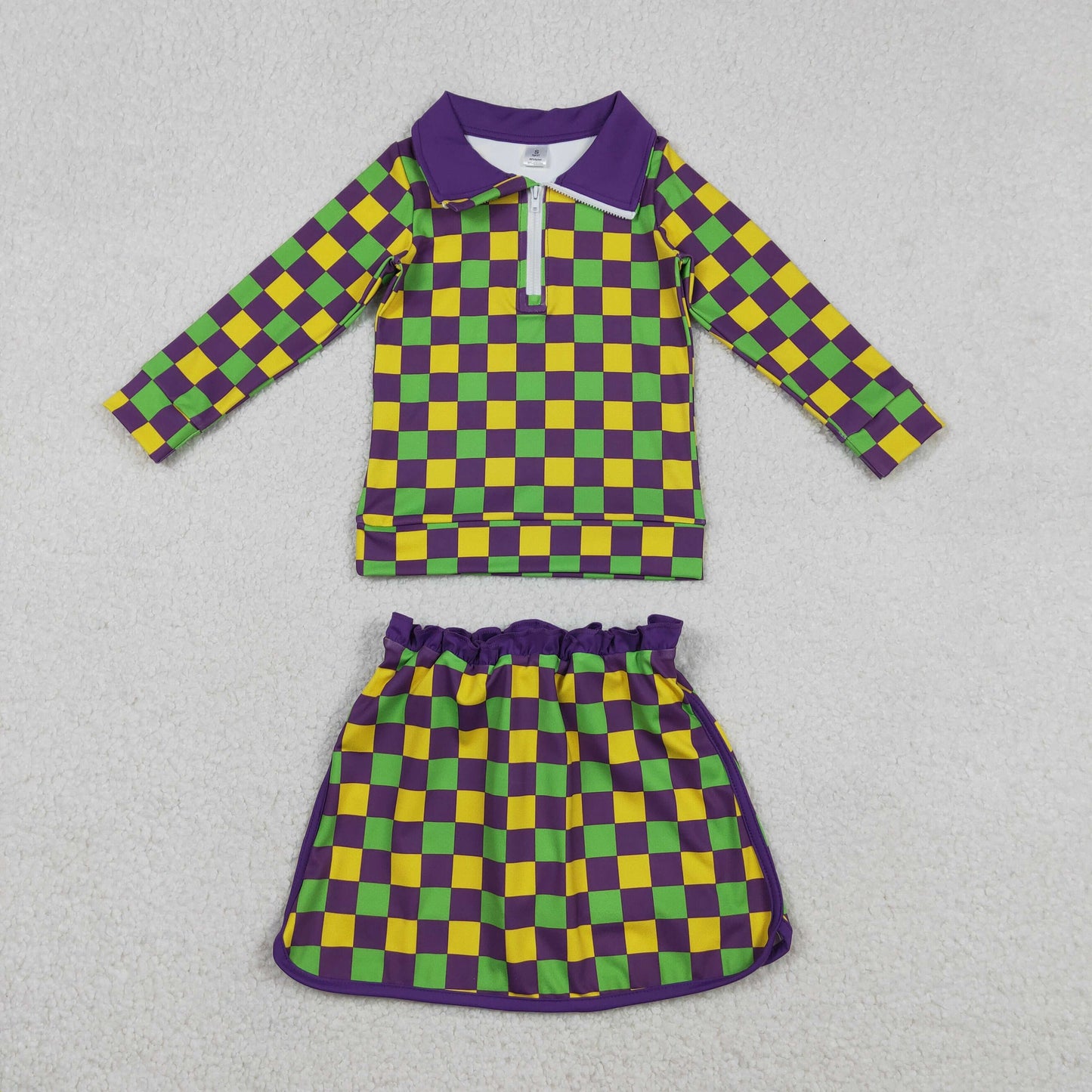 Sibling Baby Girls Kids Mardi Gras Checked Yoga Active Shorts Dress Set RTS