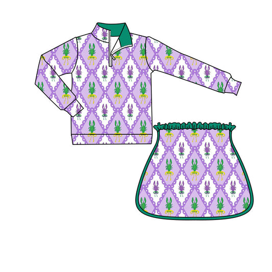 ( Moq 5 ) Preorder Girls Kids Crawfish Zipper Purple Tops Shorts Skirt Skort Mardi Gras Yoga Active Set