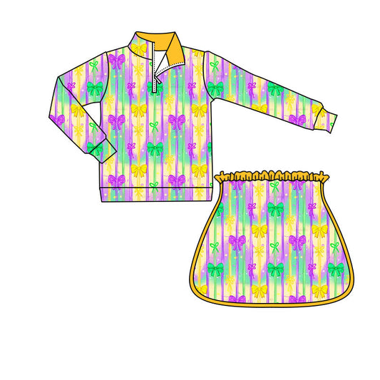 ( Moq 5 ) Preorder Girls Kids Colorful Bows Zipper Tops Shorts Skirt Skort Mardi Gras Yoga Active Set