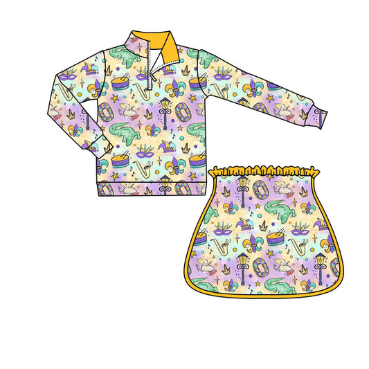 ( Moq 5 ) Preorder Girls Kids Masks Zipper Colorful Tops Shorts Skirt Skort Mardi Gras Yoga Active Set