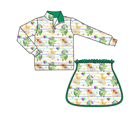 ( Moq 5 ) Preorder Girls Kids Crocodiles Zipper Tops Shorts Skirt Skort Mardi Gras Yoga Active Set