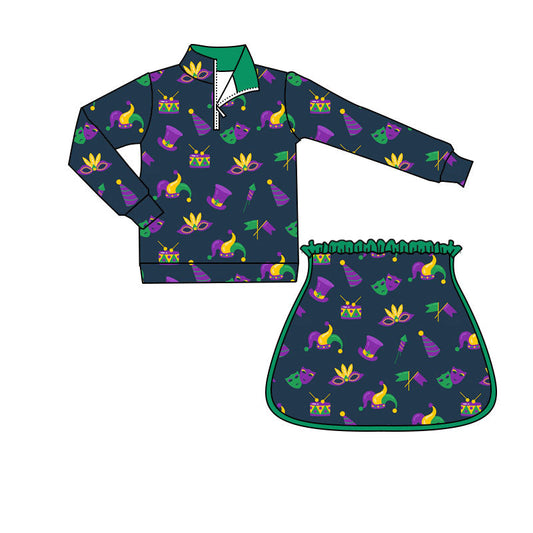 ( Moq 5 ) Preorder Girls Kids Masks Hats Zipper Tops Shorts Skirt Skort Mardi Gras Yoga Active Set