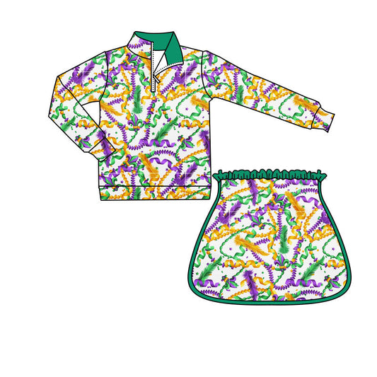 ( Moq 5 ) Preorder Girls Kids Long Sleeves Zipper Tops Shorts Skirt Skort Mardi Gras Yoga Active Set
