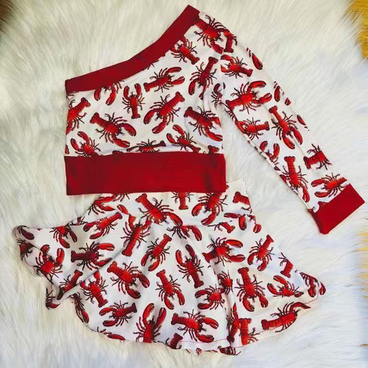 ( Moq 5 ) Preorder Girls Kids One Shoulder Crawfish Tops Skirts Clothes Set