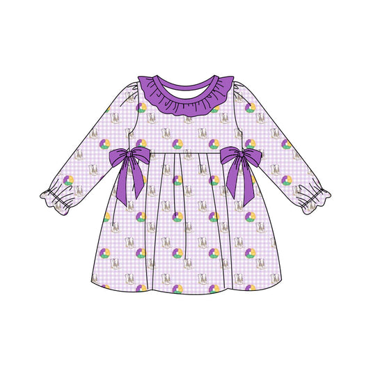 ( Moq 5 ) Preorder Baby Girls Kids Donuts Boots Purple Bows Mardi Gras Knee Length Dress