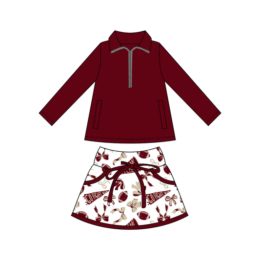 ( Moq 5 ) Preorder Baby Girls Long Sleeves Zipper Pullover Tops Football Cheer Bows Team Skort Yoga Active Set