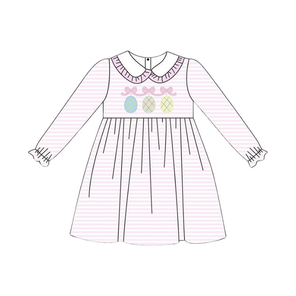 ( Moq 5 ) Preorder Baby Girls Eggs Bows Pink Stripes Easter Knee Length Dress