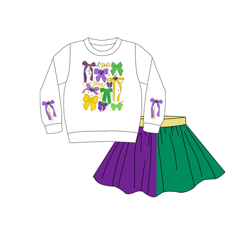 ( Moq 5 ) Preorder Baby Girls Long Sleeves Anchors Bows Shirt Shorts Skirt Skort Mardi Gras Set