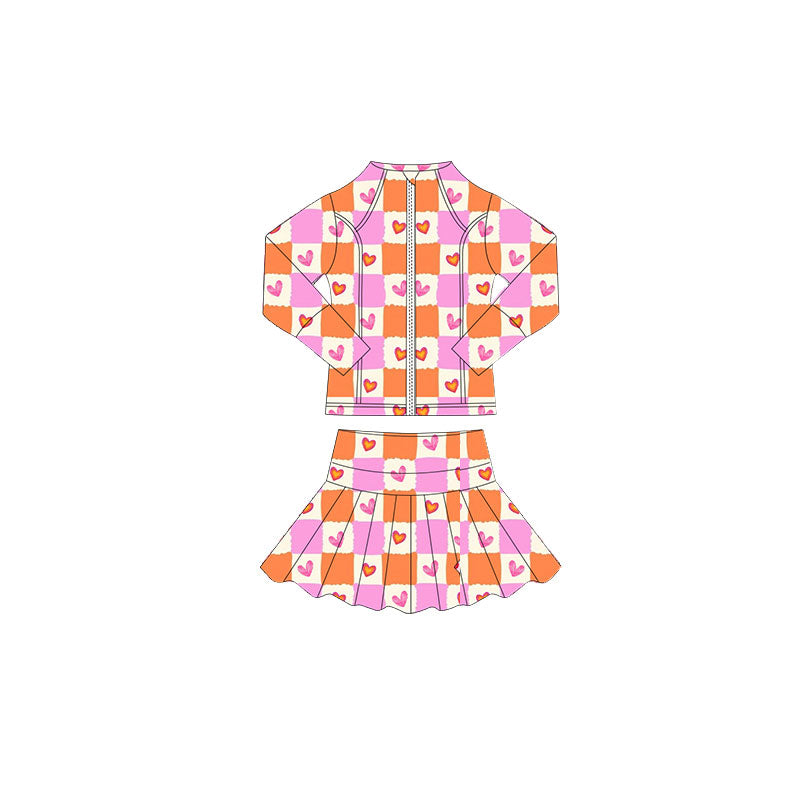 ( Moq 5 ) Preorder Baby Girls Hearts Checked Zipper Tops Skorts Valentine Yoga Clothes Set