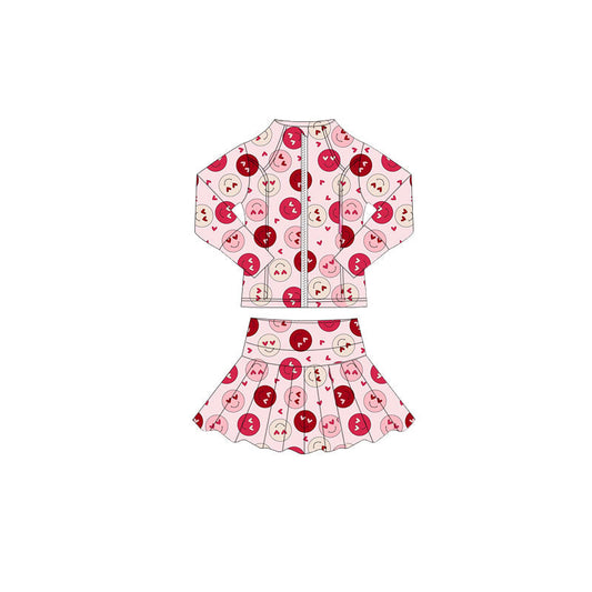 ( Moq 5 ) Preorder Baby Girls Hearts Smile Zipper Tops Skorts Valentine Yoga Clothes Set