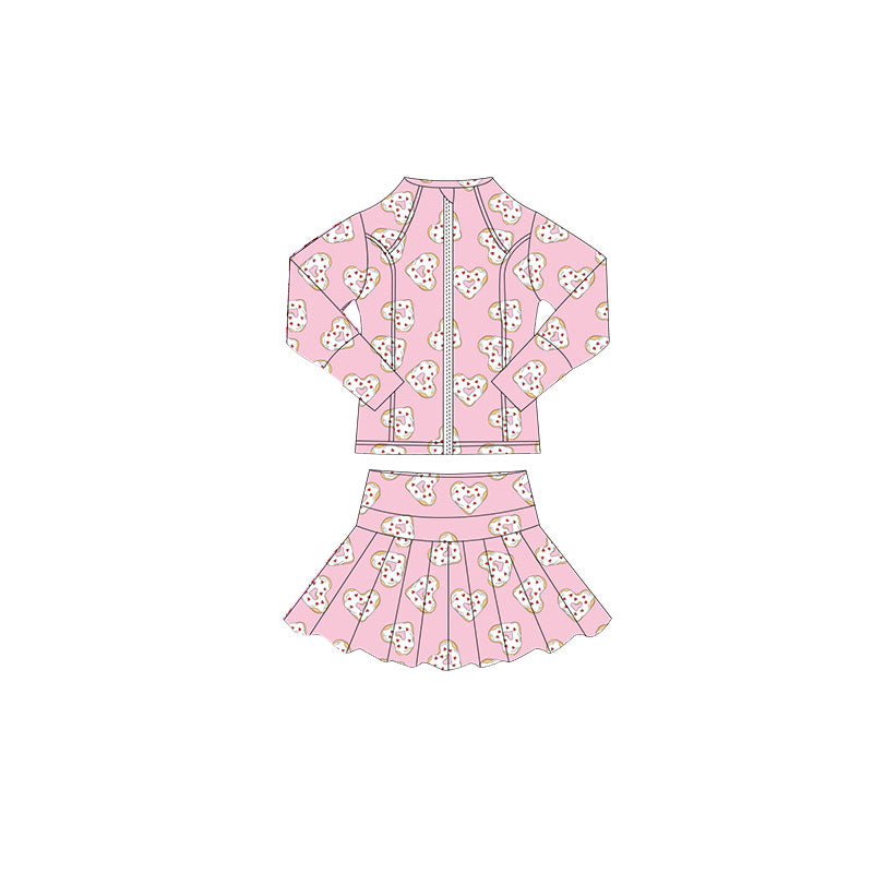 ( Moq 5 ) Preorder Baby Girls Long Sleeves Hearts Zipper Pink Tops Skorts Valentine Yoga Clothes Set