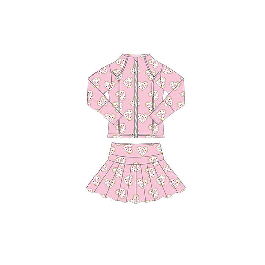( Moq 5 ) Preorder Baby Girls Long Sleeves Hearts Zipper Pink Tops Skorts Valentine Yoga Clothes Set