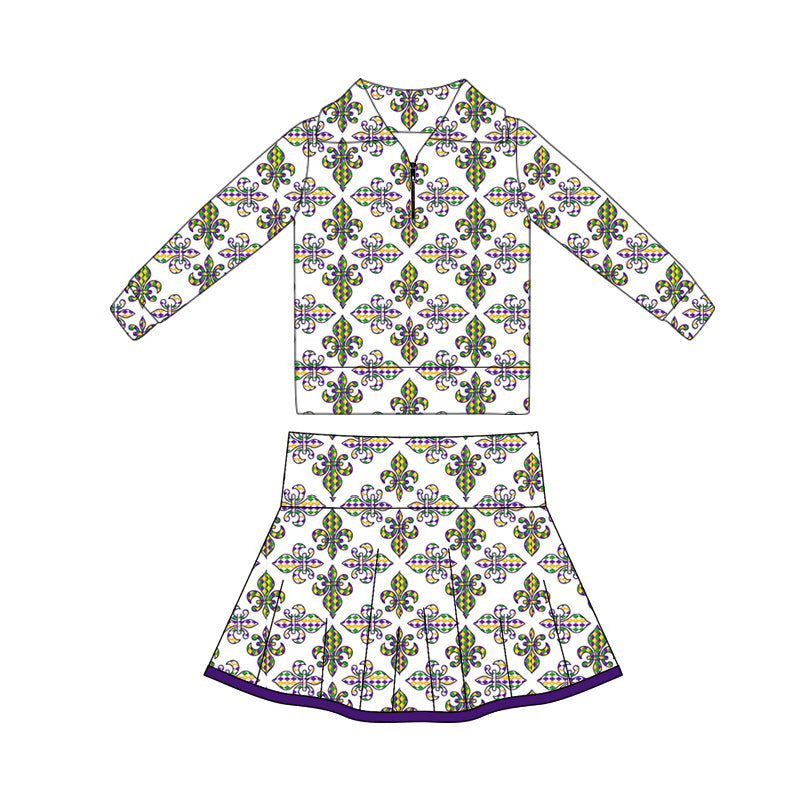 ( Moq 5 ) Preorder Baby Girls Anchors Zipper Tops Shorts Skirt Skorts Yoga Mardi Gras Set