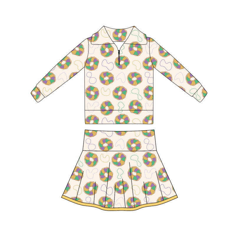 ( Moq 5 ) Preorder Baby Girls Donuts Zipper Tops Shorts Skirt Skorts Yoga Mardi Gras Set