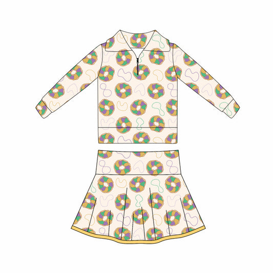 ( Moq 5 ) Preorder Baby Girls Donuts Zipper Tops Shorts Skirt Skorts Yoga Mardi Gras Set