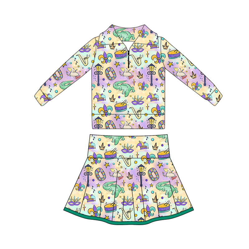 ( Moq 5 ) Preorder Baby Girls Anchors Masks Zipper Tops Shorts Skirt Skorts Yoga Mardi Gras Set