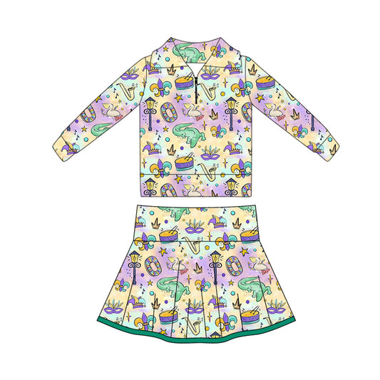 ( Moq 5 ) Preorder Baby Girls Anchors Masks Zipper Tops Shorts Skirt Skorts Yoga Mardi Gras Set