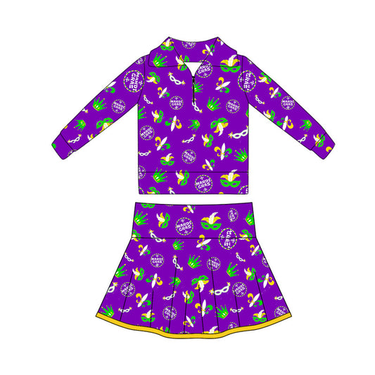 ( Moq 5 ) Preorder Baby Girls Anchors Masks Zipper Tops Shorts Skirt Skorts Yoga Mardi Gras Set