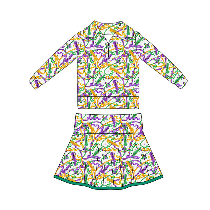 ( Moq 5 ) Preorder Baby Girls Long Sleeves Zipper Tops Shorts Skirt Skorts Yoga Mardi Gras Set