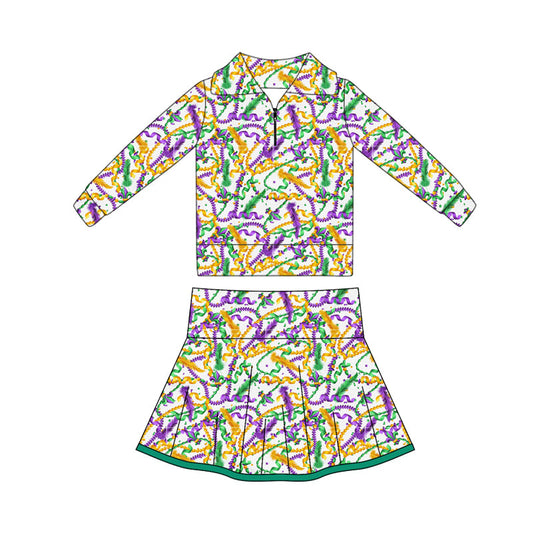 ( Moq 5 ) Preorder Baby Girls Long Sleeves Zipper Tops Shorts Skirt Skorts Yoga Mardi Gras Set