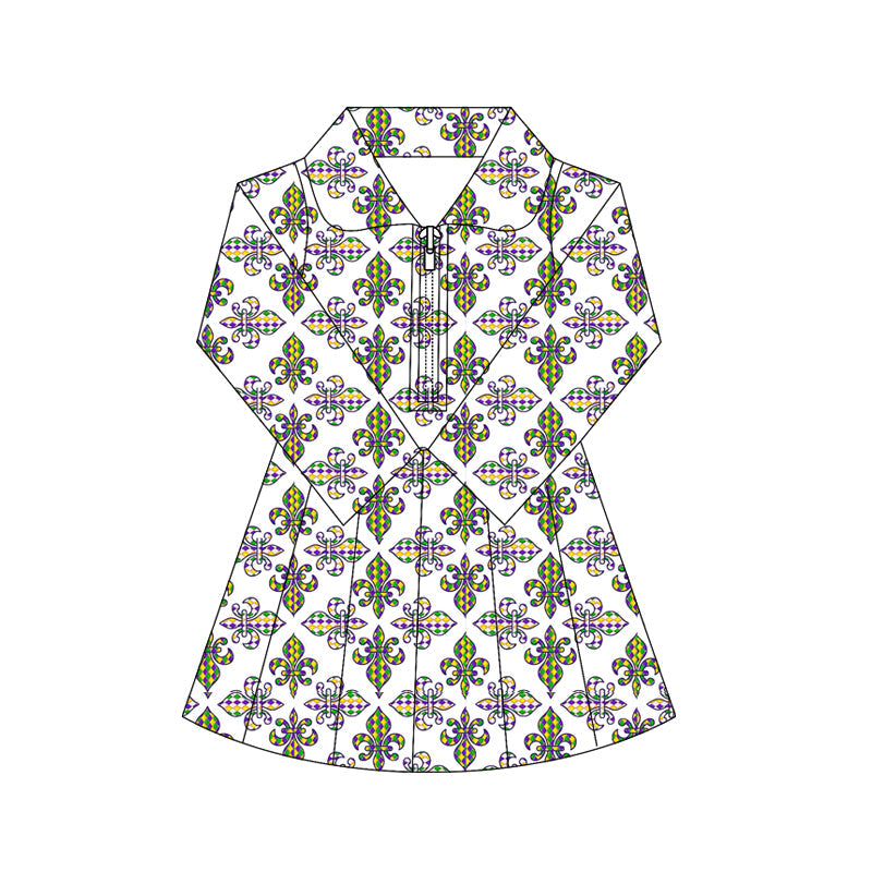 ( Moq 5 ) Preorder Baby Girls Mardi Gras Long Sleeves Anchors Yoga Active Zipper Shorts Dress