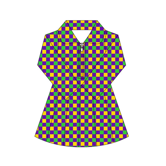 ( Moq 5 ) Preorder Baby Girls Mardi Gras Long Sleeves Checked Yoga Active Zipper Shorts Dress