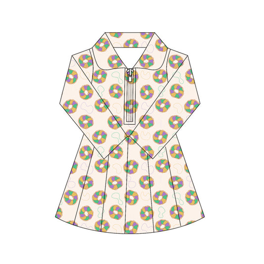 ( Moq 5 ) Preorder Baby Girls Mardi Gras Long Sleeves Donuts Yoga Active Zipper Shorts Dress