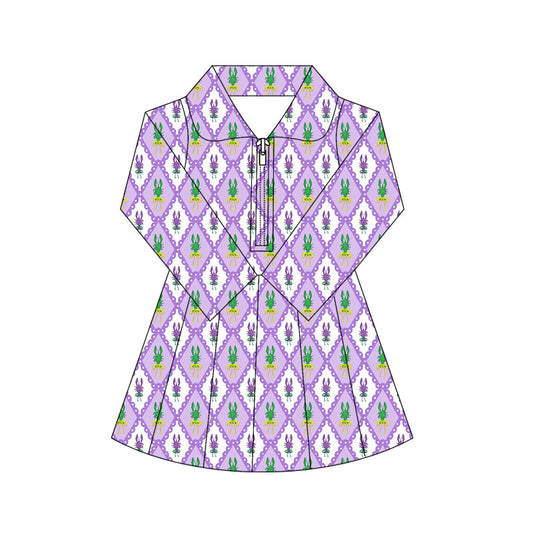 ( Moq 5 ) Preorder Baby Girls Mardi Gras Long Sleeves Crawfish Yoga Active Zipper Shorts Dress
