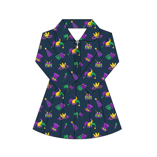 ( Moq 5 ) Preorder Baby Girls Mardi Gras Long Sleeves Masks Yoga Active Zipper Shorts Dress