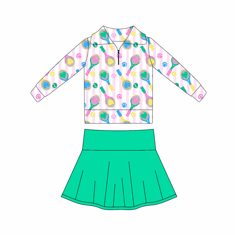 ( Moq 5 ) Preorder Baby Girls Tennis Zipper Shirt Green Shorts Skirt Skort Yoga Valentine Clothes Set