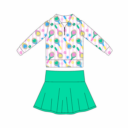 ( Moq 5 ) Preorder Baby Girls Tennis Zipper Shirt Green Shorts Skirt Skort Yoga Valentine Clothes Set