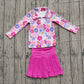 ( No moq ) Preorder Baby Girls Flower Zipper Shirt Hot Pink Shorts Skirt Skort Yoga Active Clothes Set