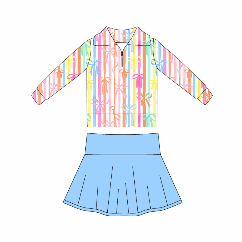 ( Moq 5 ) Preorder Baby Girls Bows Stripes Zipper Shirt Blue Shorts Skirt Skort Yoga Active Clothes Set