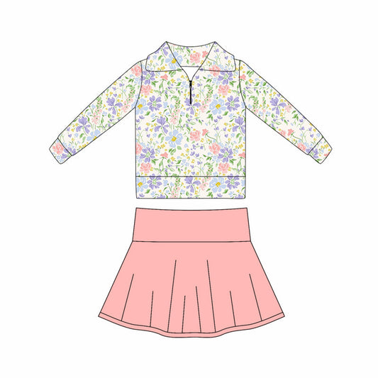 ( Moq 5 ) Preorder Baby Girls Flower Zipper Shirt Pink Shorts Skirt Skort Yoga Active Clothes Set