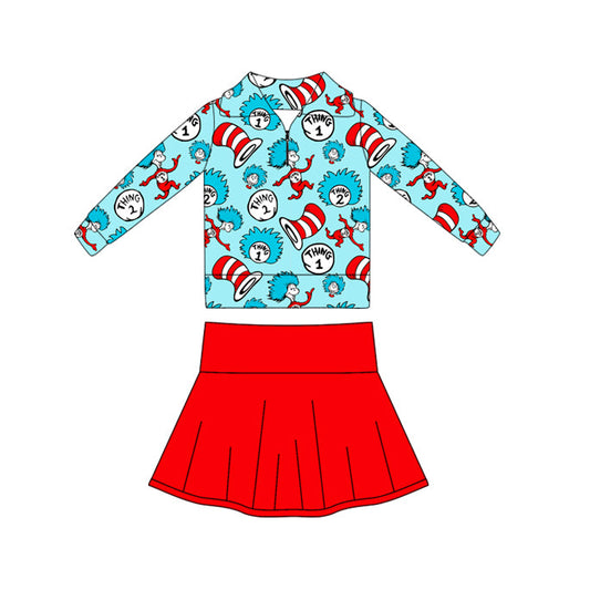 ( Moq 5 ) Preorder Baby Girls Long Sleeves Reading Zipper Pullover Red Skort Yoga Set