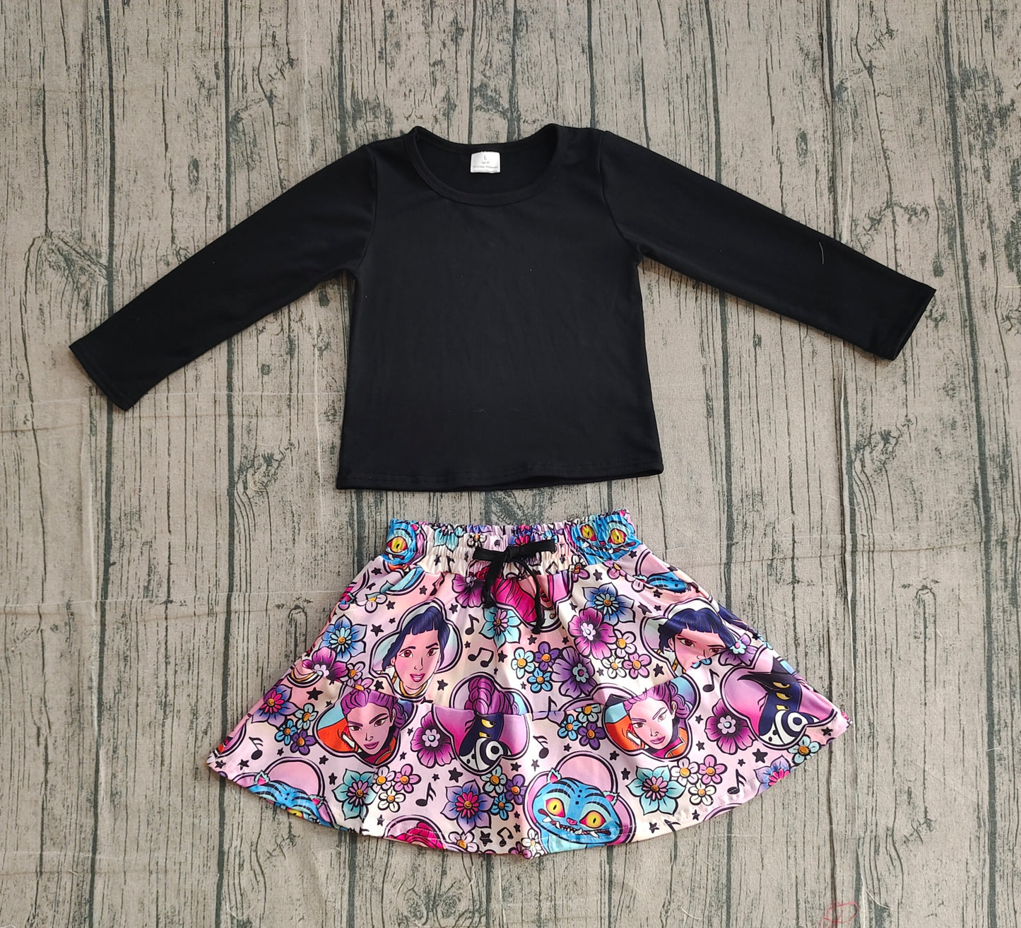 Baby Girls Kids Black Long Sleeves Shirt Movie Characters Flower Pockets Skort Set RTS