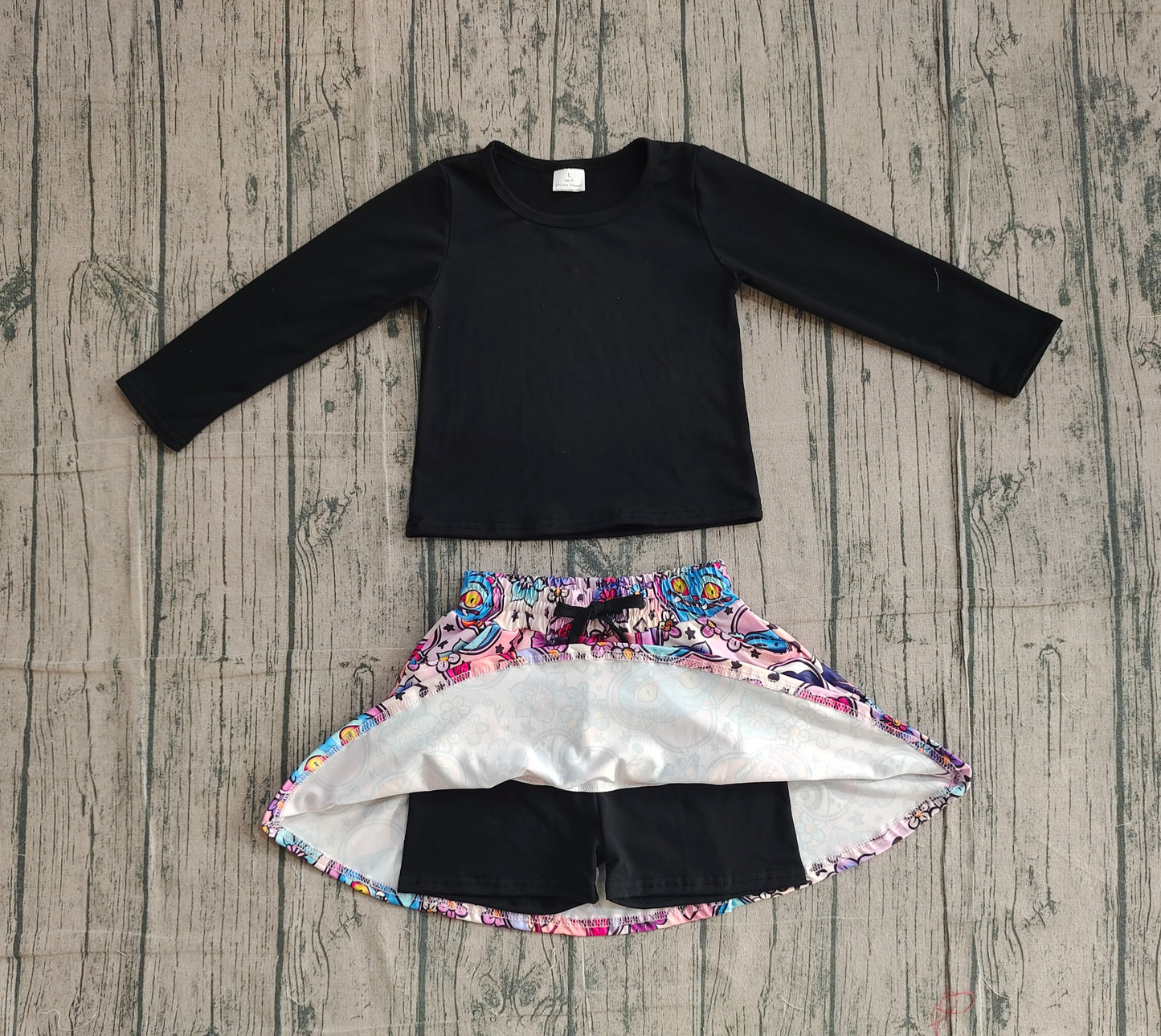 Baby Girls Kids Black Long Sleeves Shirt Movie Characters Flower Pockets Skort Set RTS