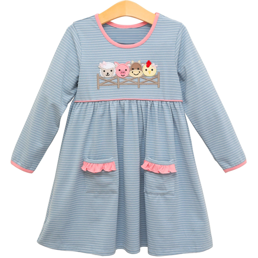 ( Moq 5 ) Preorder Baby Girl Long Sleeves Farm Animals Stripes Pockets Knee Length Dress