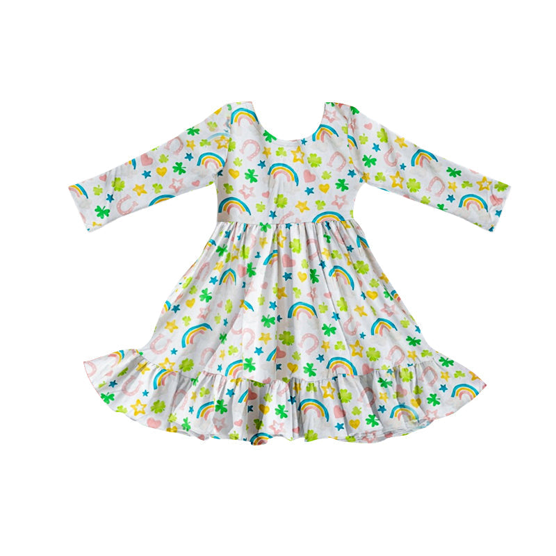 ( Moq 5 ) Preorder Baby Girls Long Sleeves Clovers St. Patrick Ruffle Knee Length Dress