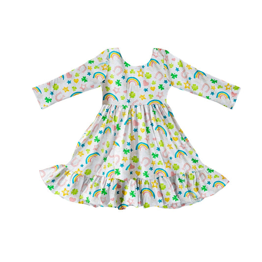 ( Moq 5 ) Preorder Baby Girls Long Sleeves Clovers St. Patrick Ruffle Knee Length Dress