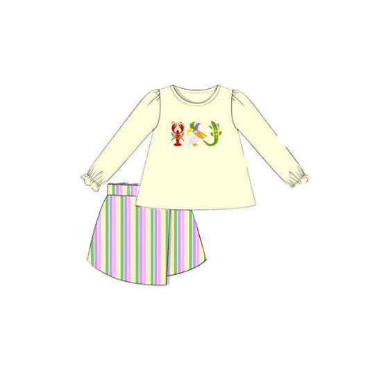 ( Moq 5 ) Preorder Baby Girls Kids Long Sleeves Animals Tops Stripes Skirt Mardi Gras Clothes Set