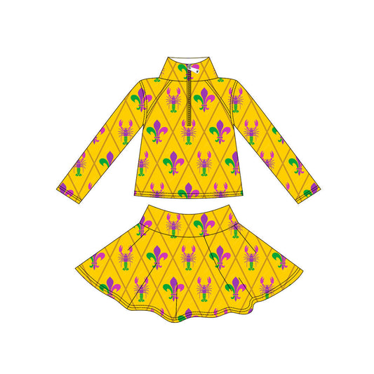 ( Moq 5 ) Preorder Baby Girls Long Sleeves Crawfish Anchors Zipper Shirt Skirt with Shorts Yoga Mardi Gras Set