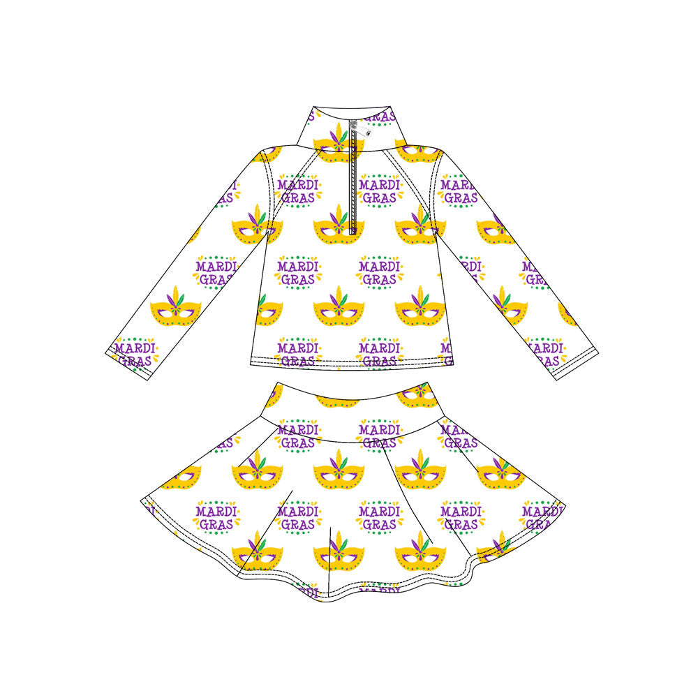 ( Moq 5 ) Preorder Baby Girls Long Sleeves Zipper Shirt Masks Skirt with Shorts Yoga Mardi Gras Set