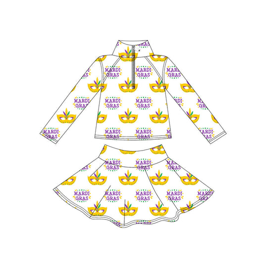( Moq 5 ) Preorder Baby Girls Long Sleeves Zipper Shirt Masks Skirt with Shorts Yoga Mardi Gras Set