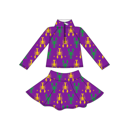 ( Moq 5 ) Preorder Baby Girls Long Sleeves Zipper Crawfish Shirt Skirt with Shorts Yoga Mardi Gras Set